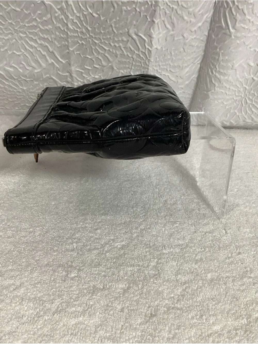 COACH Black Signature Embossed C Patent Leather Bag with Charm & Wrist Strap